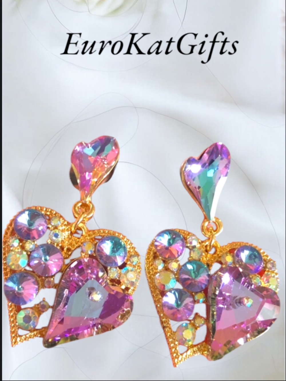 NWT Gold-Tone Purple Heart Crystal Drop Earrings NEW
